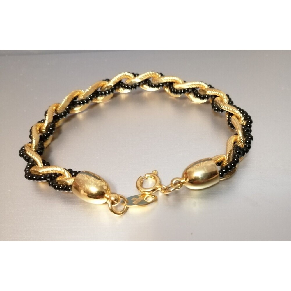 Vintage Trifari Black Seed beaded Gold Ring Linked Twist Bracelet